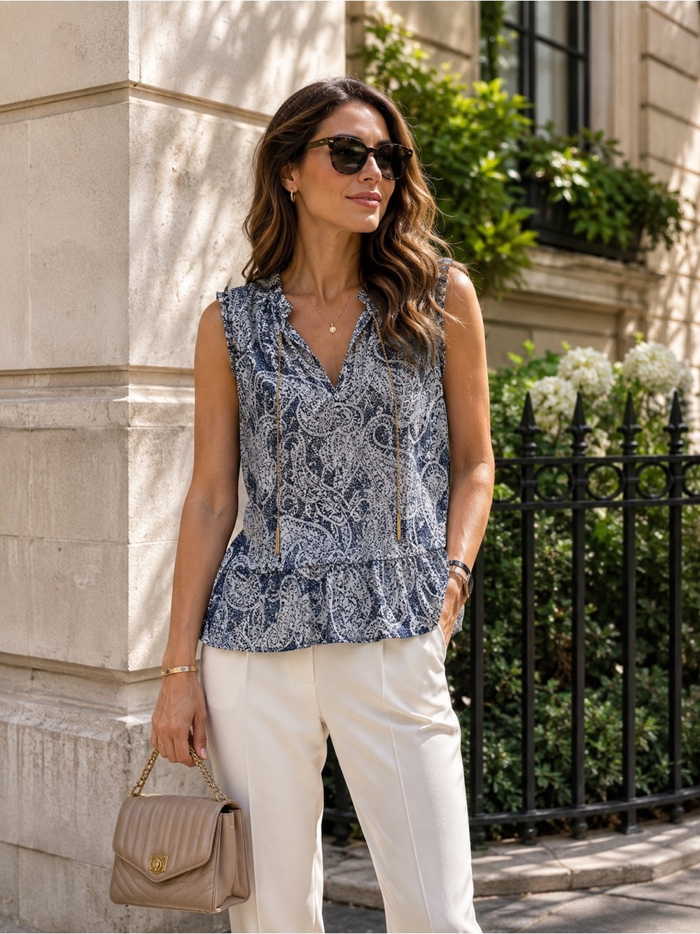 Michael Kors Navy & White Paisley Sleeveless V-Neck Tank